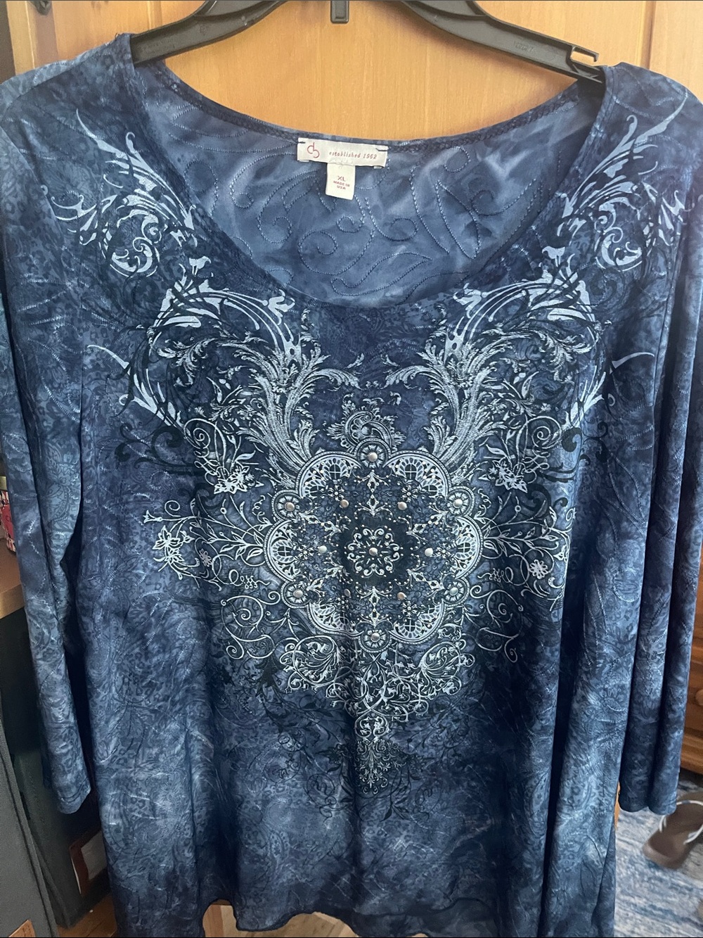 Db Established 1962 “Made in USA” Navy Scoop-Neck Embellished Women's Blouse